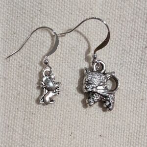 Handmade Silver tone Cat and Mouse Drop Earrings